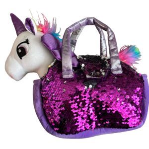 Little Jupiter Rainbow Winged Unicorn w/ Purple Reverse Sequined Carry Bag 9.5"